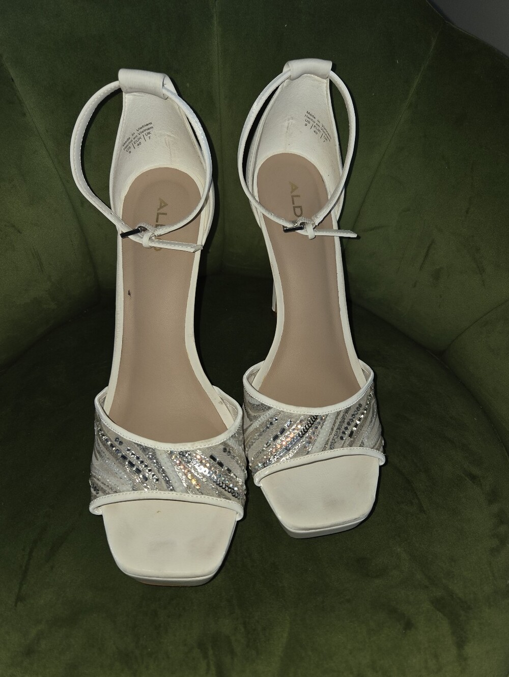 ALDO White Sequin Strappy Block-Heels
